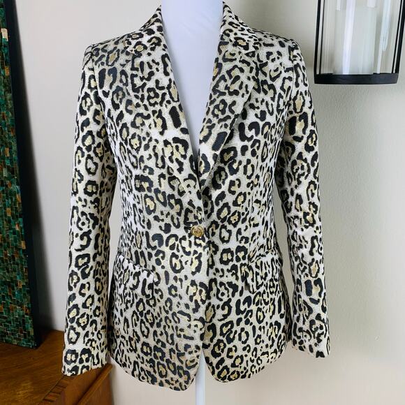 Elie Tahari Sz 2 The Marcie Single-Button Jacquard Blazer Gold Metallic Leopard - Picture 2 of 15